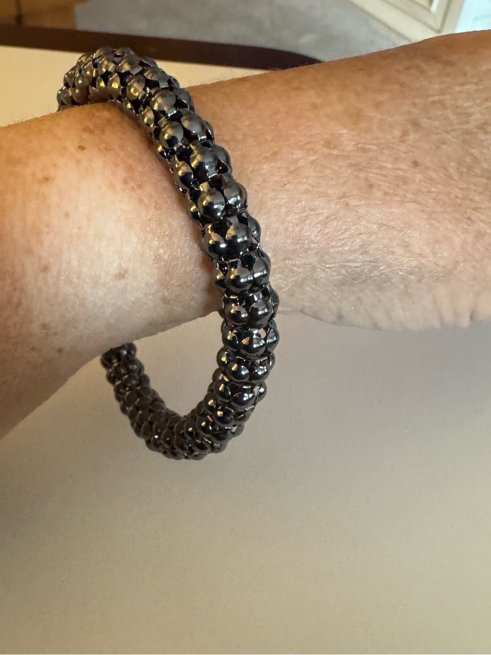 Vintage Faceted Bead Bangle Bracelet Gunmetal Gray Rigid Circular Bracelet